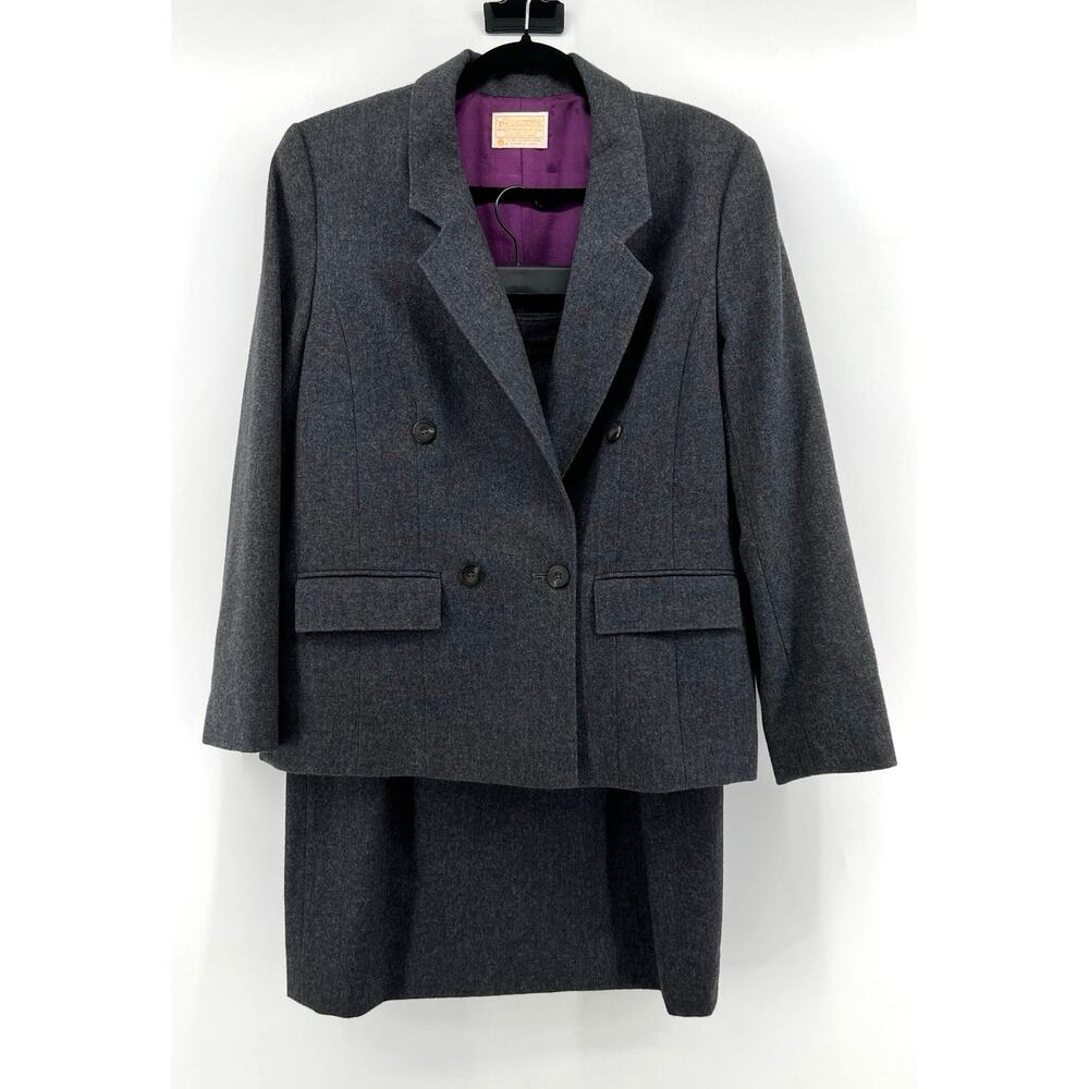 Vintage 1980s Pendleton 100% Wool Suit Blazer Skirt Set Size 12 Gray Made in USA